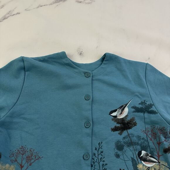 Artisan Vintage Y2k Sweatshirt Cardigan Size S Blue Birds Floral Buttons Grandma - Picture 2 of 12
